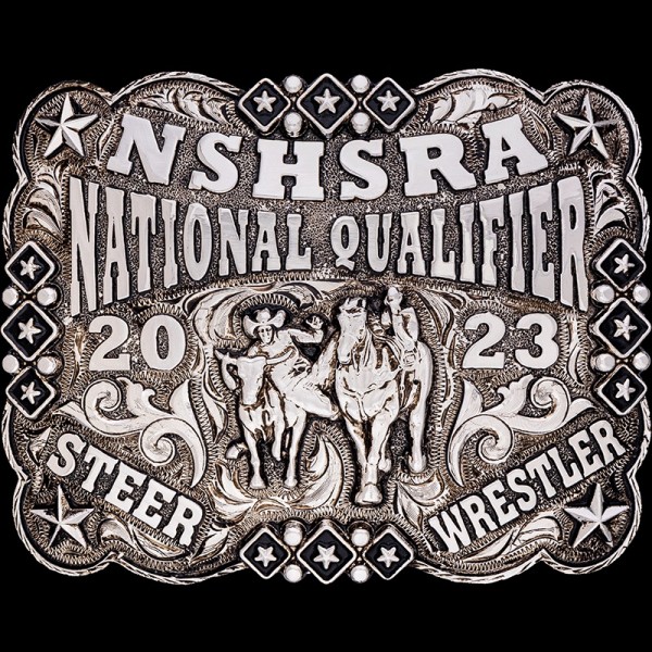 The Midwest City Custom Belt Buckle features traditional silver hand-engraved line edge with a beaded star edge. Customize this absolute silver buckle with your logo or western figure today!